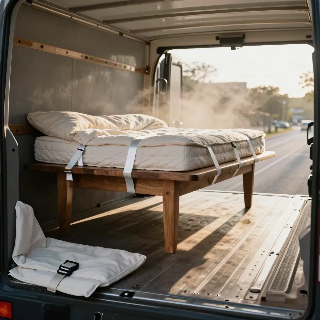 Secured furniture load inside a moving truck with table, wrapped mattress, and straps in bright light