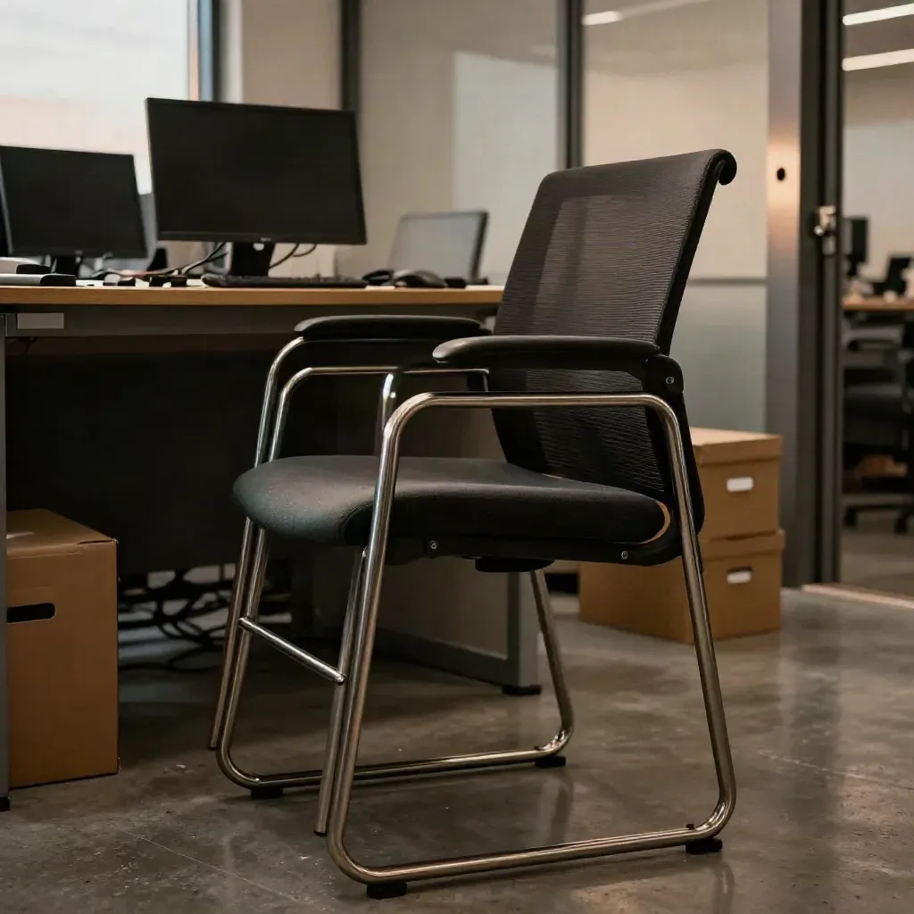 Nested task chairs, dark monitors, and moving crates in an office after-hours by glass walls.