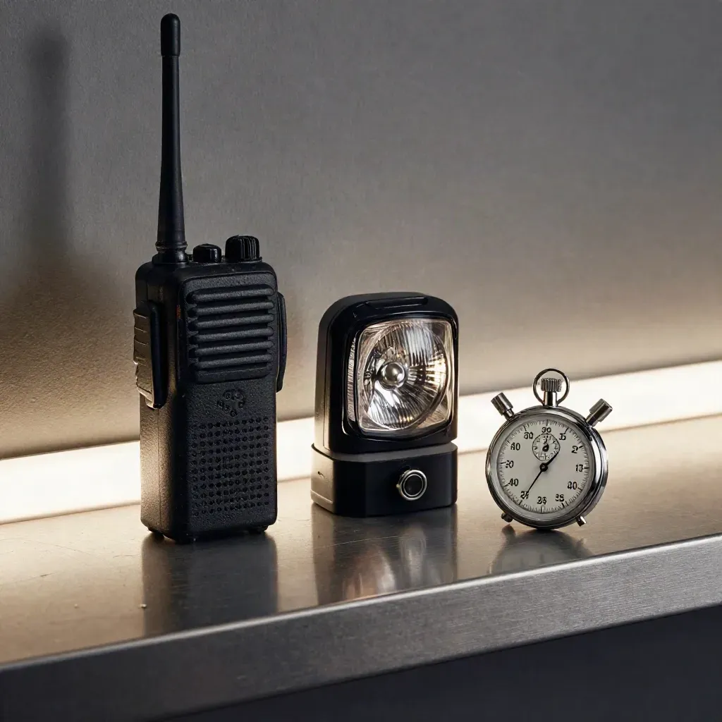 Dispatch radio, truck beacon and stopwatch on a steel shelf in dramatic side light.