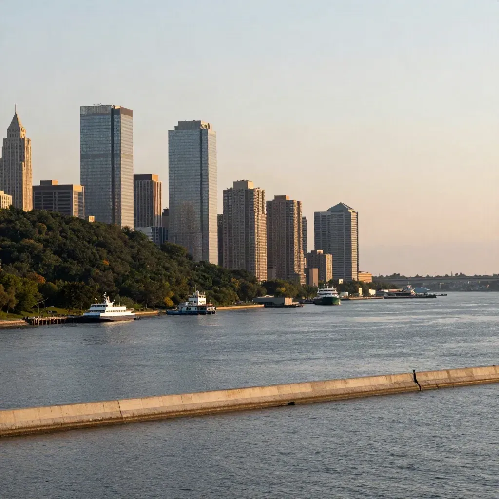 Golden Hudson River view of North Jersey towers and the Palisades in warm haze.